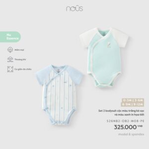 Set 2 bodysuit cộc màu trắng kẻ sọc và màu xanh in họa tiết M08