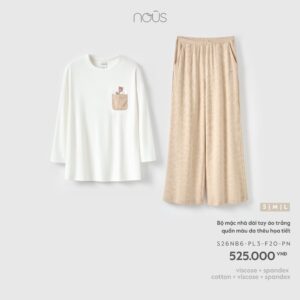Bộ mặc nhà dài tay áo trắng quần màu da thêu họa tiết F20