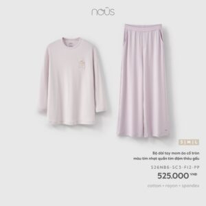 Bộ dài tay mom áo cổ tròn màu tím nhạt quần tím đậm thêu gấu F12