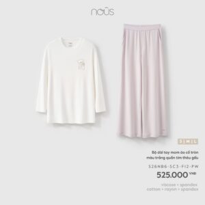 Bộ dài tay mom áo cổ tròn màu trắng quần tím thêu gấu F12