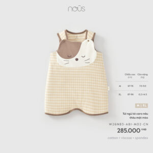 Túi ngủ kẻ caro nâu thêu mặt mèo M02