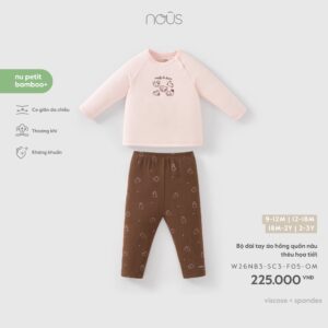 Bộ dài tay áo hồng quần nâu thêu họa tiết
